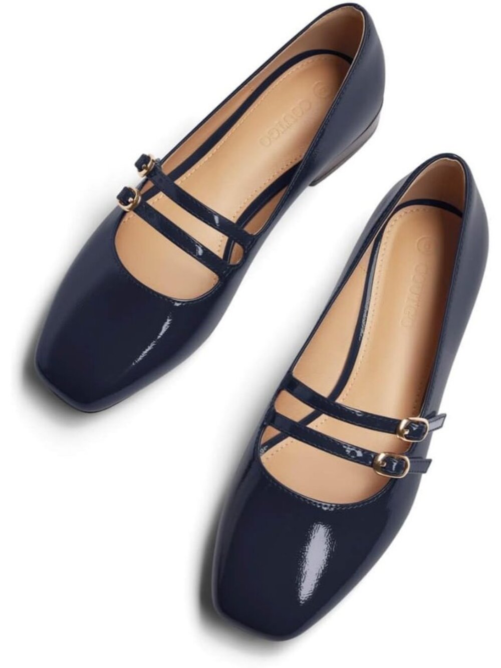 Women's Navy Faux Leather Square Toe Flats Double Strap Buckle Slip On Shoes - Picture 1 of 6